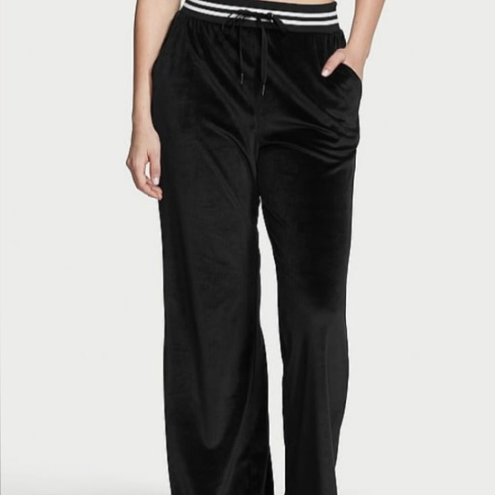 Victoria's Secret Women’s Black Velour Ribbed High-Rise Wide Leg Lounge Pants